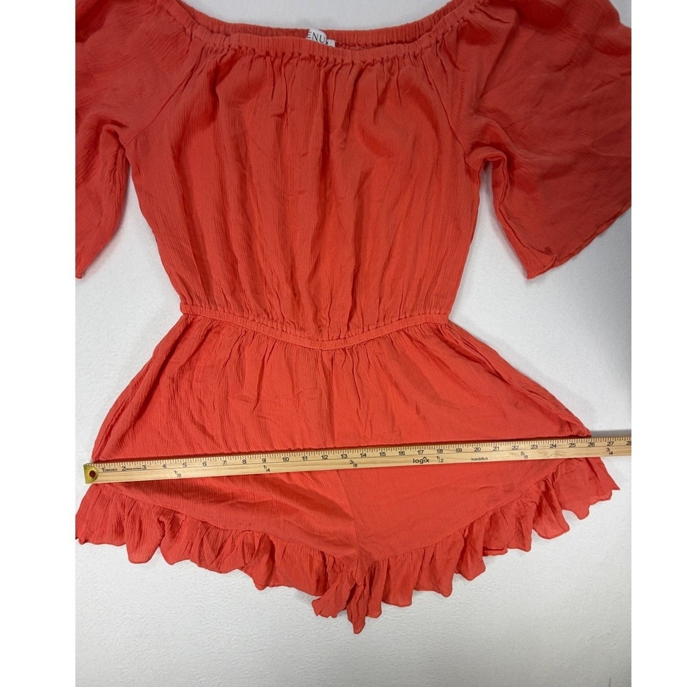 VENUS Off Shoulder Romper Size Small Coral Orange Ruffle Hem Boho Viscose - Picture 11 of 11